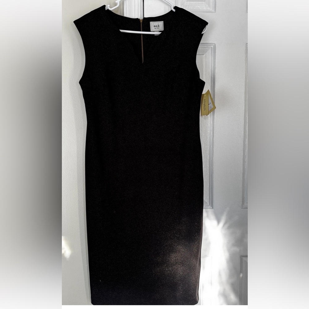 ECI New York Black & Gold Metallic V-Neck Stretch Dress, Size 8,  NWT